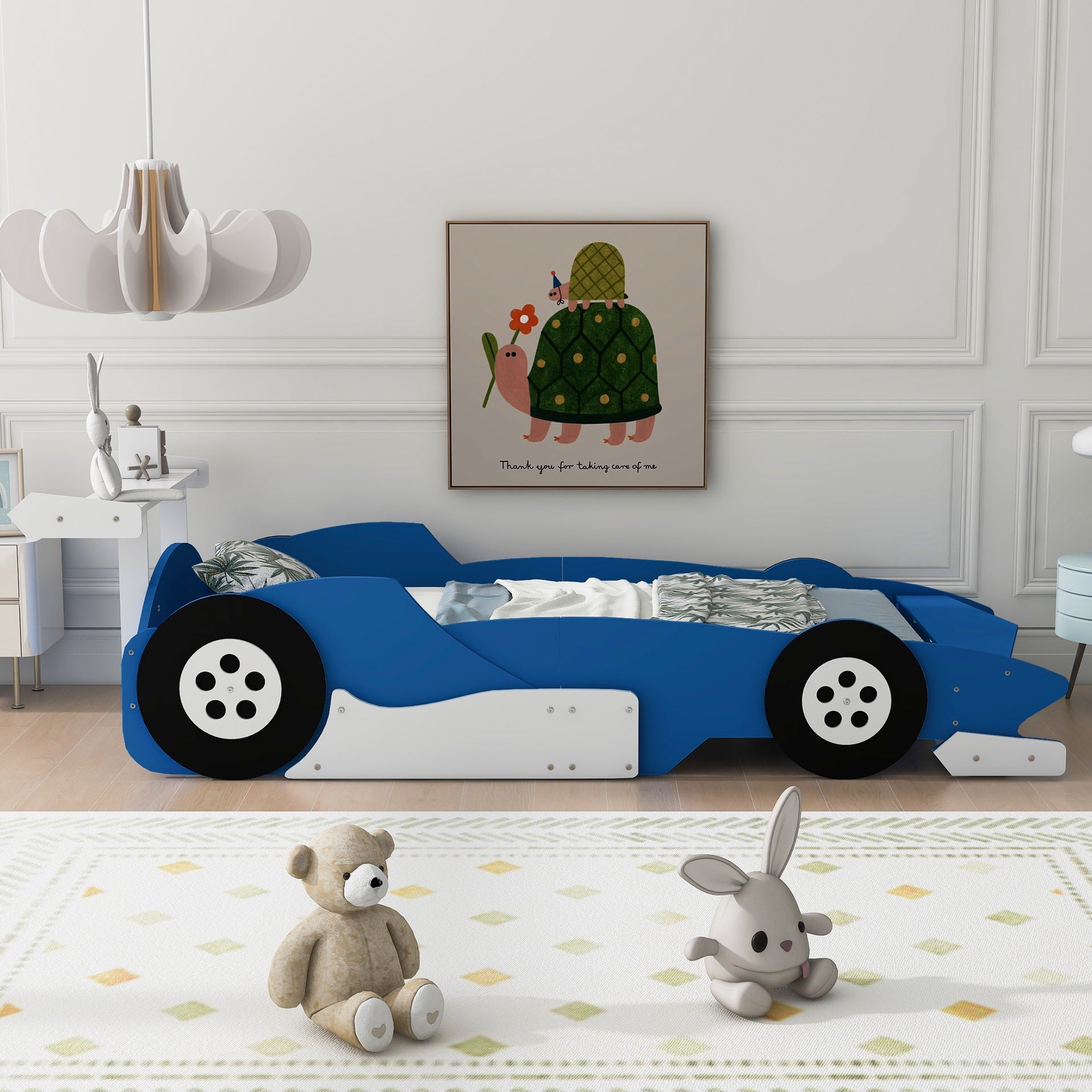 Twin Size Race Car-Shaped Platform Bed with Wheels,Blue(OLD SKU:WF311965AAC)