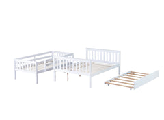 Twin Over Full Rubber Wood Bunk Bed with Trundle, Convertible Ladder and Guardrail, Detachable, Convertible Bed, with Twin Size Trundle ,White