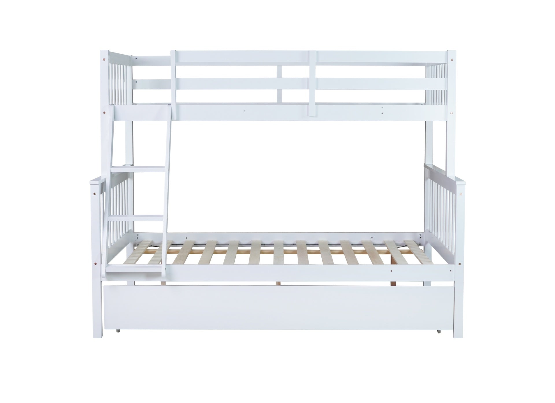 Twin Over Full Rubber Wood Bunk Bed with Trundle, Convertible Ladder and Guardrail, Detachable, Convertible Bed, with Twin Size Trundle ,White