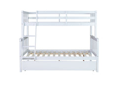 Twin Over Full Rubber Wood Bunk Bed with Trundle, Convertible Ladder and Guardrail, Detachable, Convertible Bed, with Twin Size Trundle ,White