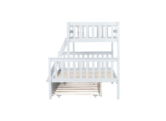 Twin Over Full Rubber Wood Bunk Bed with Trundle, Convertible Ladder and Guardrail, Detachable, Convertible Bed, with Twin Size Trundle ,White