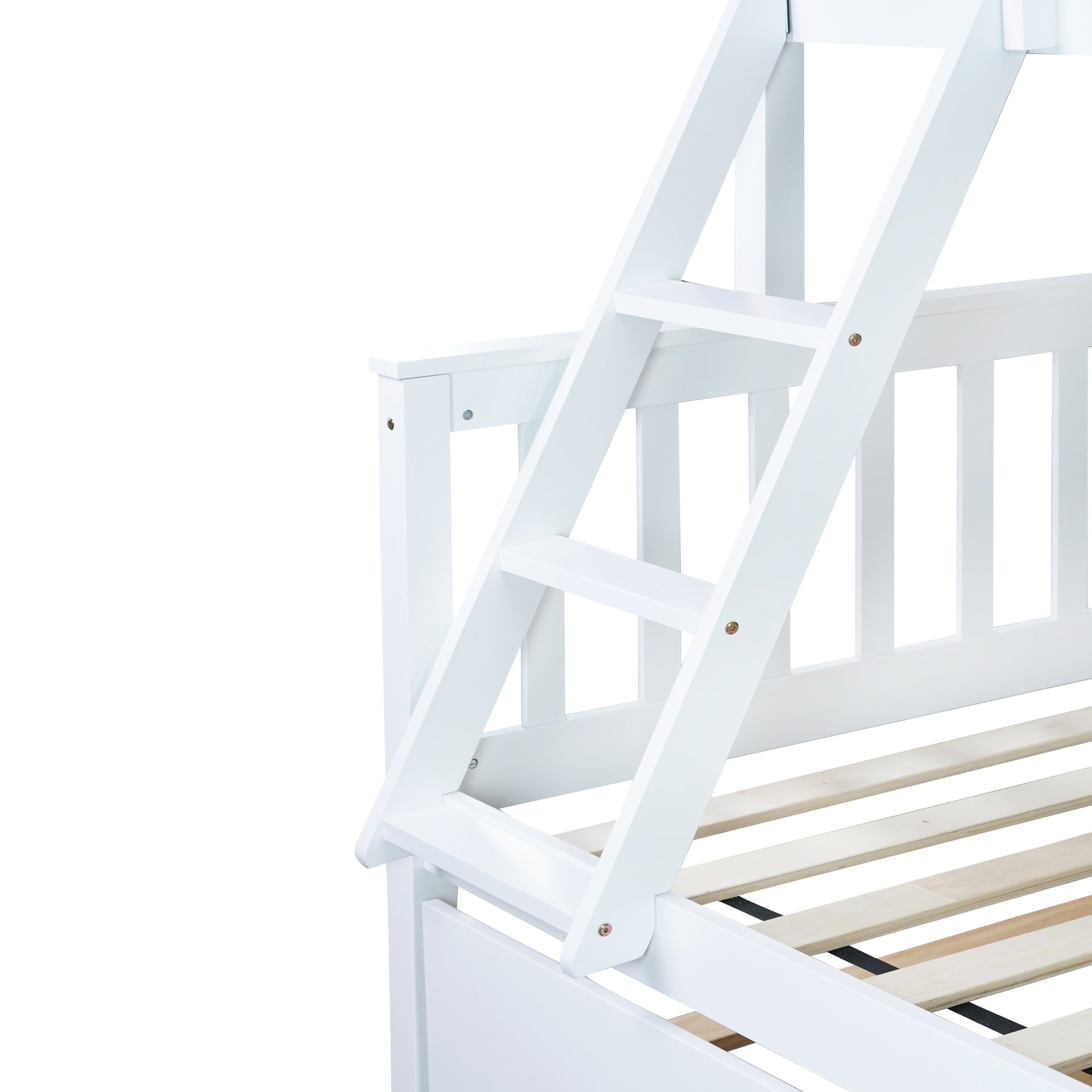 Twin Over Full Rubber Wood Bunk Bed with Trundle, Convertible Ladder and Guardrail, Detachable, Convertible Bed, with Twin Size Trundle ,White