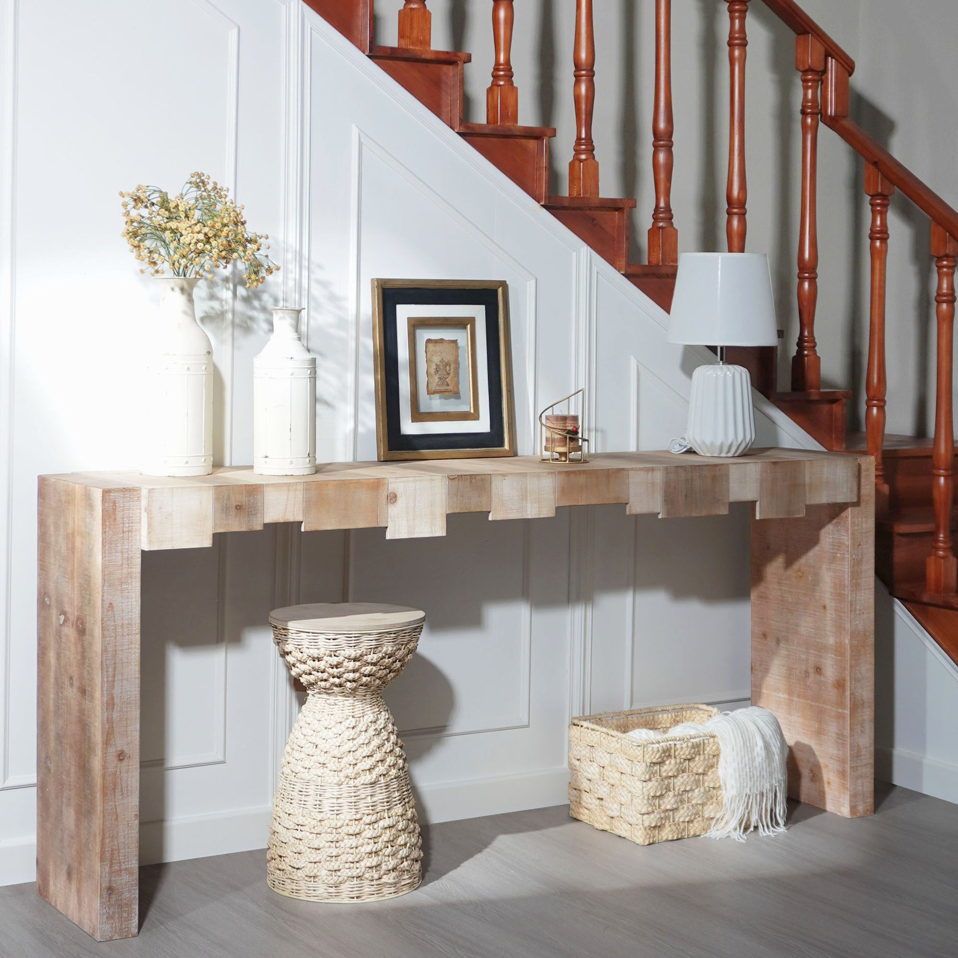 Modern Rustic Console Table - 71" Entryway Table with Sculpted Block Design - Narrow Sofa Table for Hallway, Living Room, or Foyer