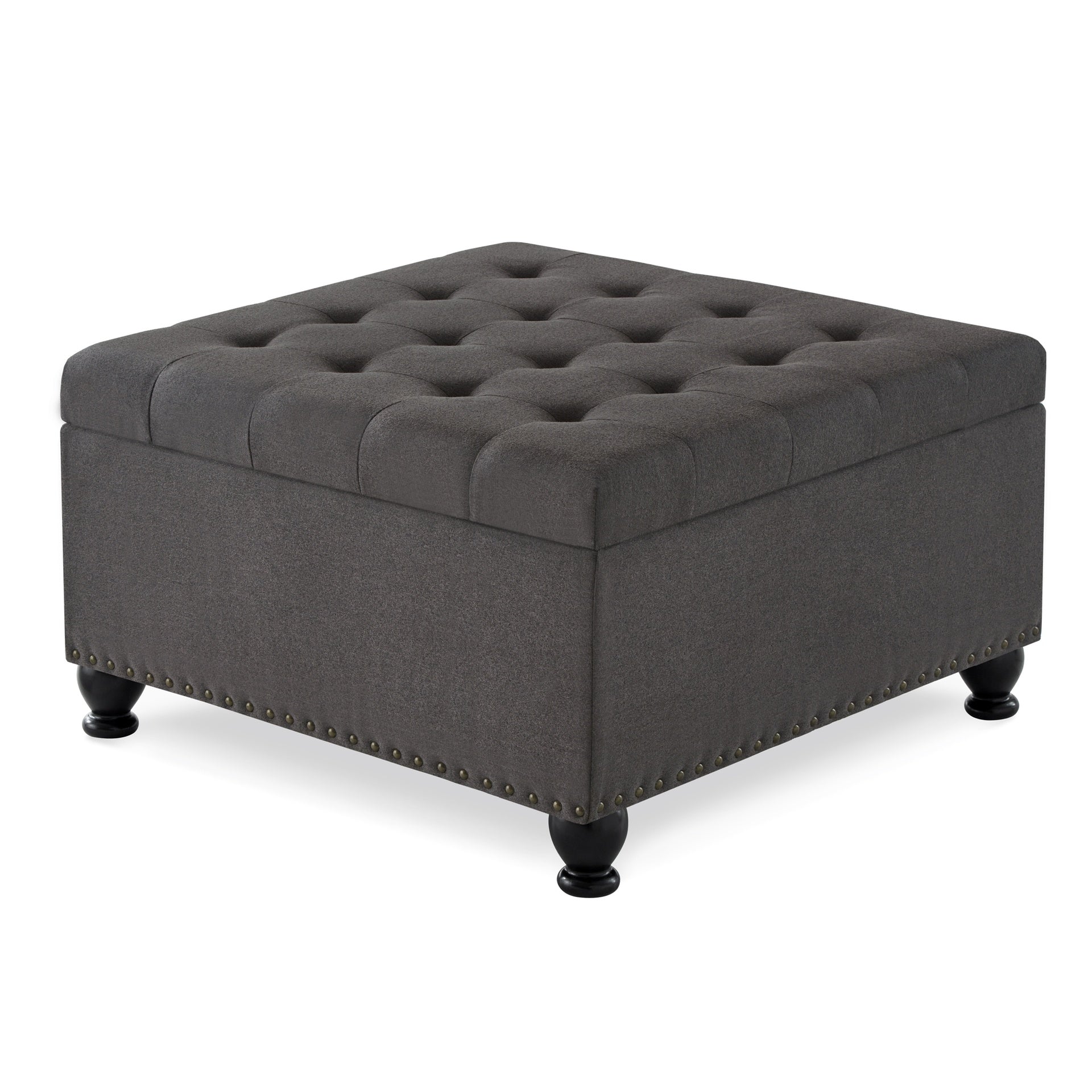 Large square storage ottoman with wooden legs, Upholstered button tufted coffee table with nail trims for Living Space,Dark Grey