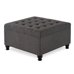 Large square storage ottoman with wooden legs, Upholstered button tufted coffee table with nail trims for Living Space,Dark Grey