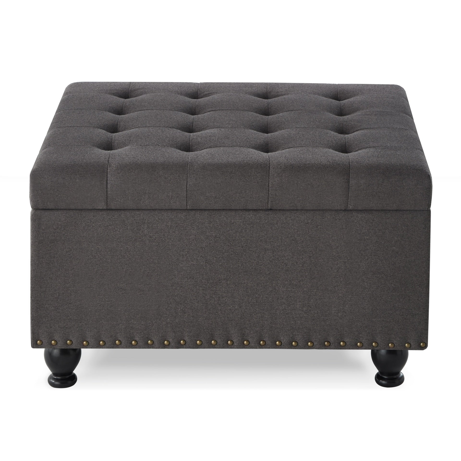 Large square storage ottoman with wooden legs, Upholstered button tufted coffee table with nail trims for Living Space,Dark Grey