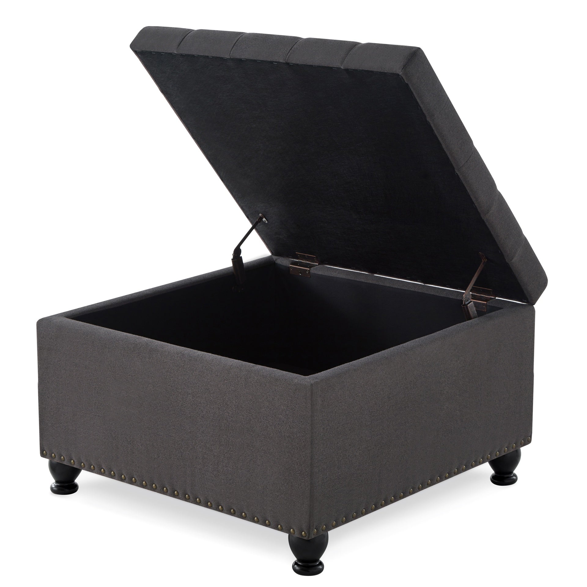 Large square storage ottoman with wooden legs, Upholstered button tufted coffee table with nail trims for Living Space,Dark Grey