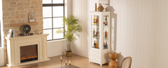 71'' Freestanding Upholstered Display Cabinet, Upholstered Glass Door Cabinet with Ceiling Light,Wine Cabinet with Adjustable Shelves, for Livingroom, Kitchen, Bar & Dining Room - White