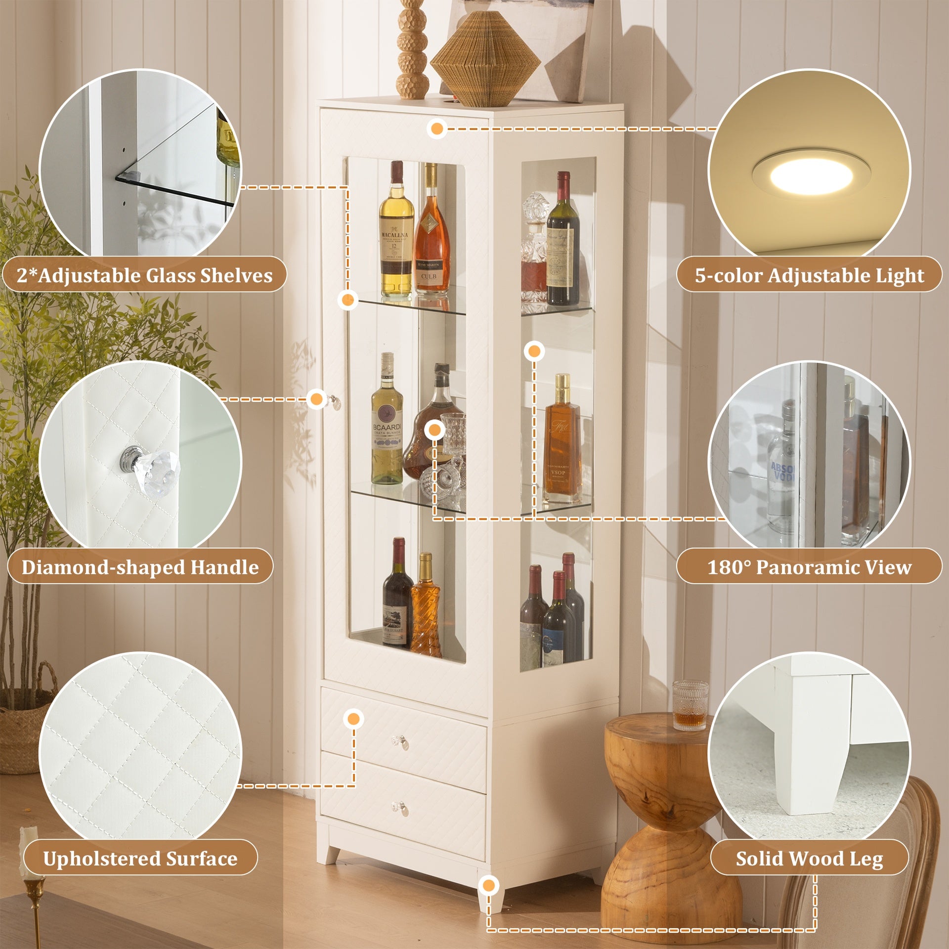 71'' Freestanding Upholstered Display Cabinet, Upholstered Glass Door Cabinet with Ceiling Light,Wine Cabinet with Adjustable Shelves, for Livingroom, Kitchen, Bar & Dining Room - White