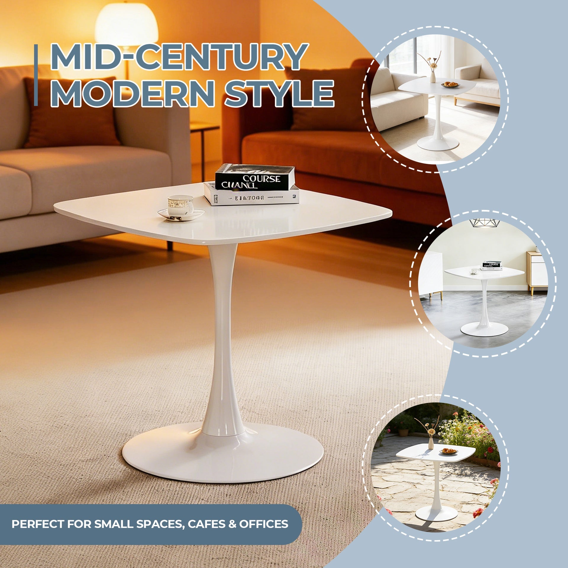 31.5 Inch White Square Dining Table for 2-4 Person, Mid-Century Modern Tulip Table with Sturdy Metal Pedestal Base, 0.71" Thickened MDF Tabletop for Small Space, Apartment, Kitchen, Bistro & Office