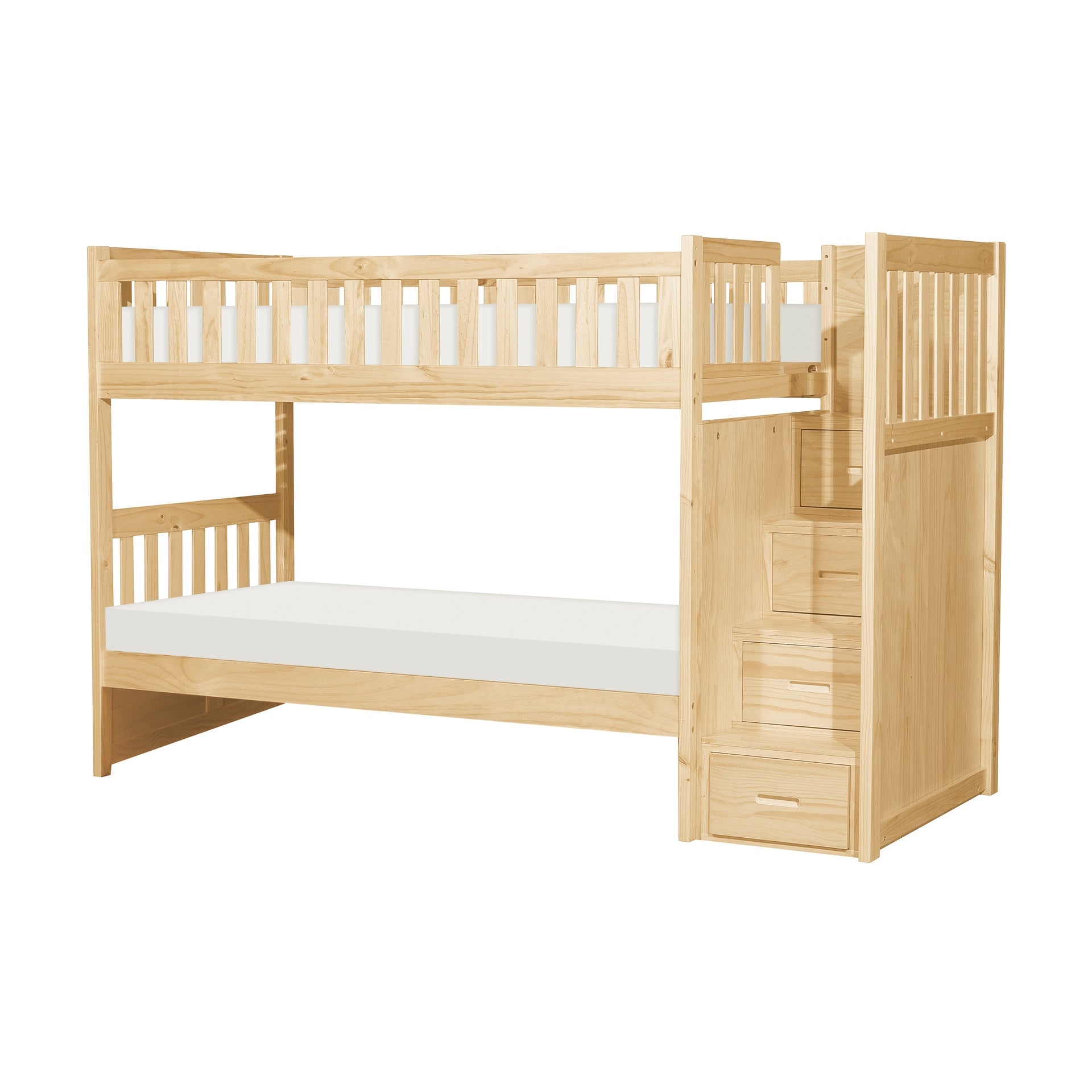 Twin Over Twin Bunk Bed Reversible Storage Step Drawers Natural Pine Finish Guard Rails Wooden Bedroom Furniture 1pc