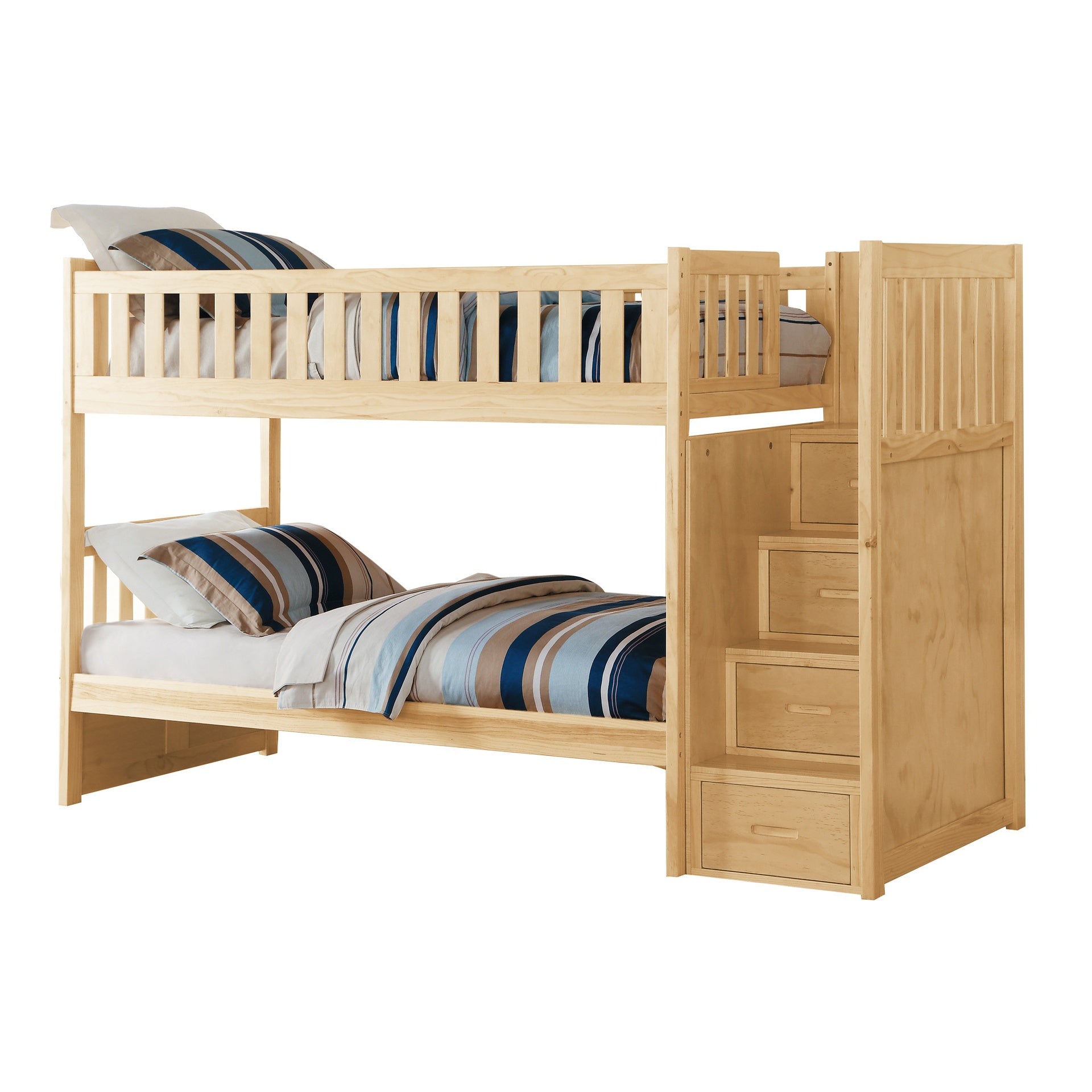 Twin Over Twin Bunk Bed Reversible Storage Step Drawers Natural Pine Finish Guard Rails Wooden Bedroom Furniture 1pc