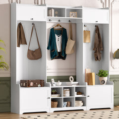 VIBE HAUS 79.1''Wide Modern Hall Tree with Shoe Storage, 4-in-1 Entryway Bench with 8 Cubbies, 7 Coat Hooks & Adjustable Shelf for Hallway, living room, White