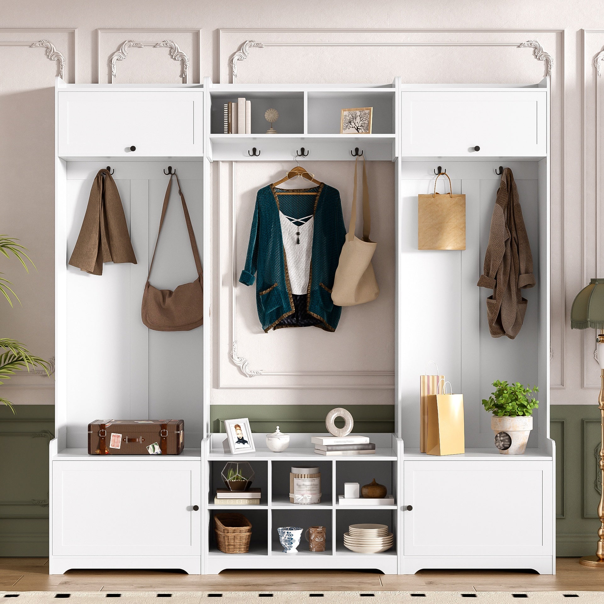 VIBE HAUS 79.1''Wide Modern Hall Tree with Shoe Storage, 4-in-1 Entryway Bench with 8 Cubbies, 7 Coat Hooks & Adjustable Shelf for Hallway, living room, White