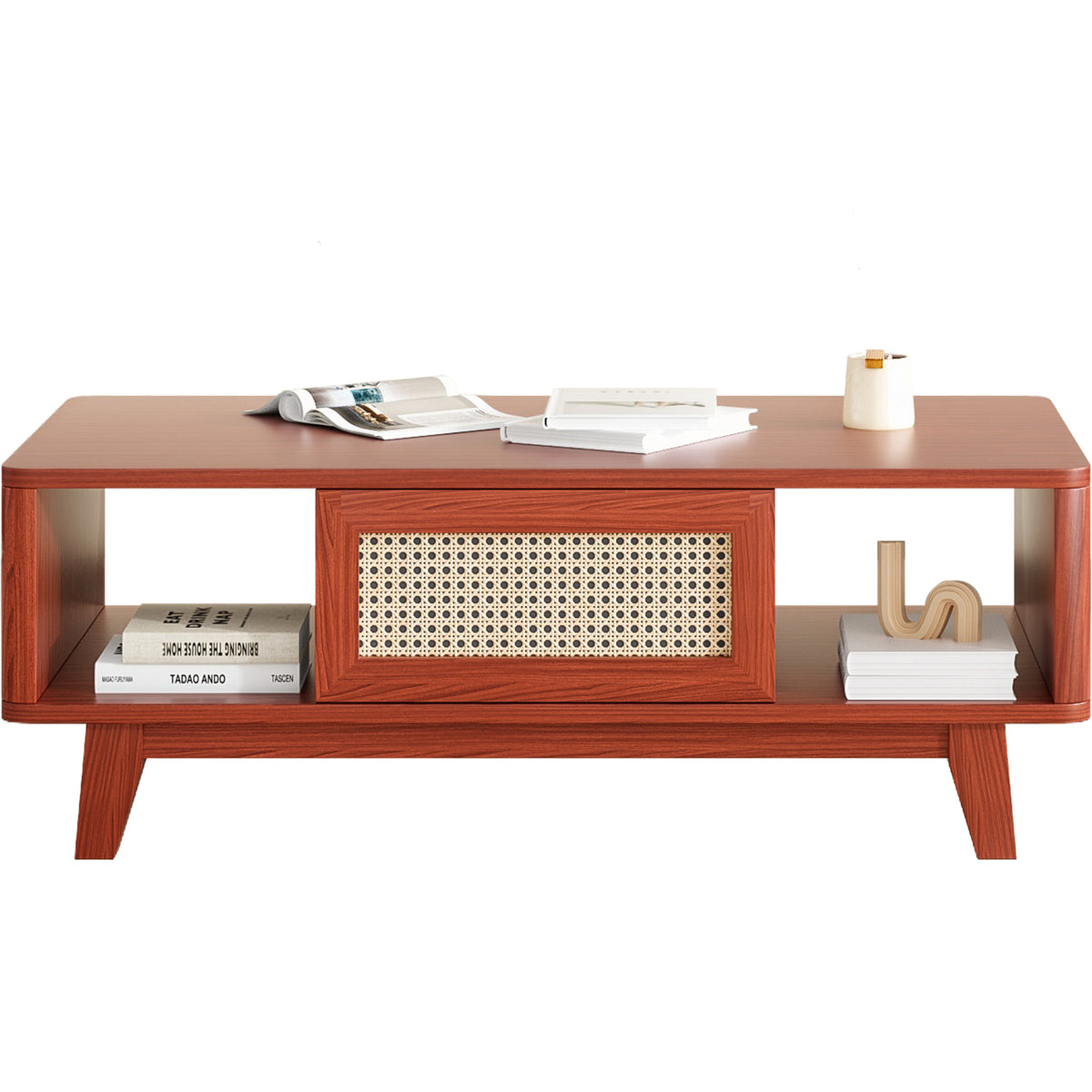 Coffee Table, Mid Century Living Room Tables with Storage, Modern Square with Rattan Drawer, Wooden Living Room Table with Solid Wood Leg