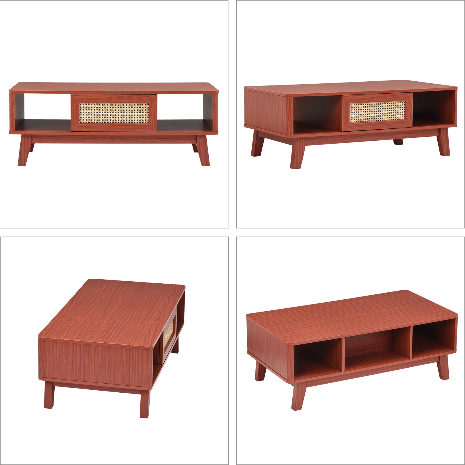 Coffee Table, Mid Century Living Room Tables with Storage, Modern Square with Rattan Drawer, Wooden Living Room Table with Solid Wood Leg