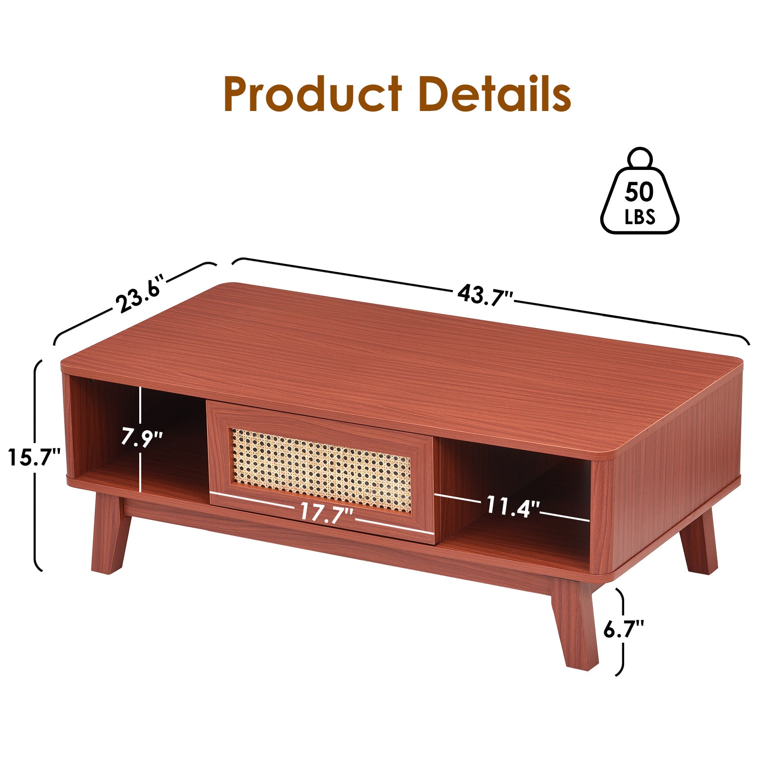 Coffee Table, Mid Century Living Room Tables with Storage, Modern Square with Rattan Drawer, Wooden Living Room Table with Solid Wood Leg