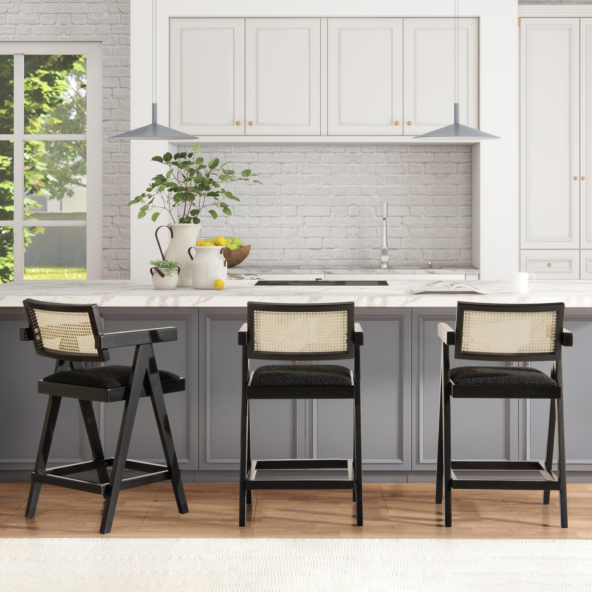 Milan 25.5" Modern Resin Webbing Back Bar Stool with Arms, Set of 3, Ebony Black Boucle