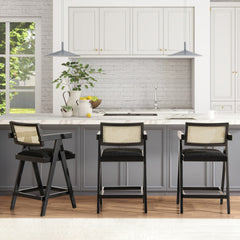 Milan 25.5" Modern Resin Webbing Back Bar Stool with Arms, Set of 3, Ebony Black Boucle