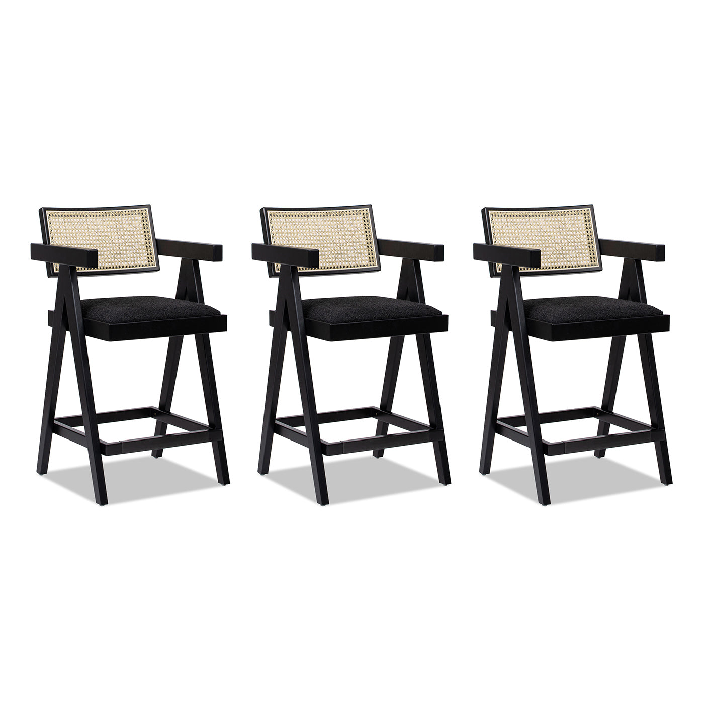 Milan 25.5" Modern Resin Webbing Back Bar Stool with Arms, Set of 3, Ebony Black Boucle