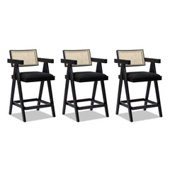 Milan 25.5" Modern Resin Webbing Back Bar Stool with Arms, Set of 3, Ebony Black Boucle