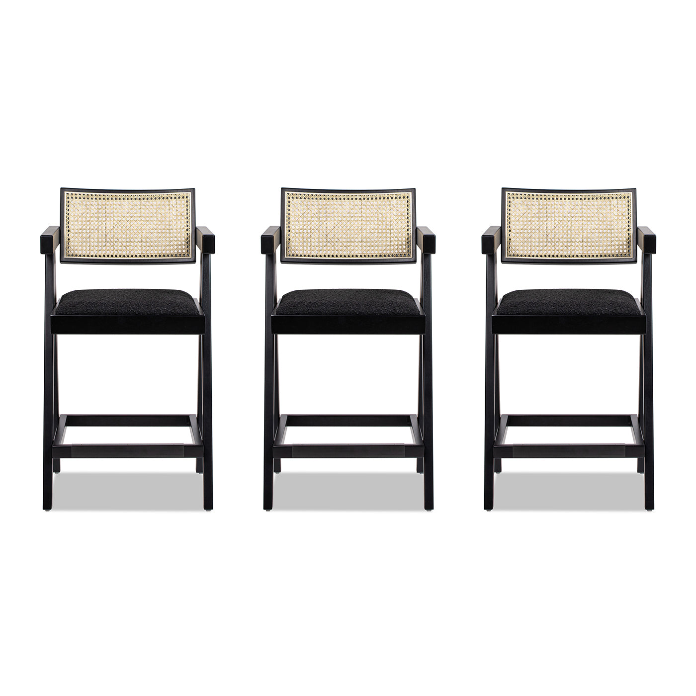 Milan 25.5" Modern Resin Webbing Back Bar Stool with Arms, Set of 3, Ebony Black Boucle