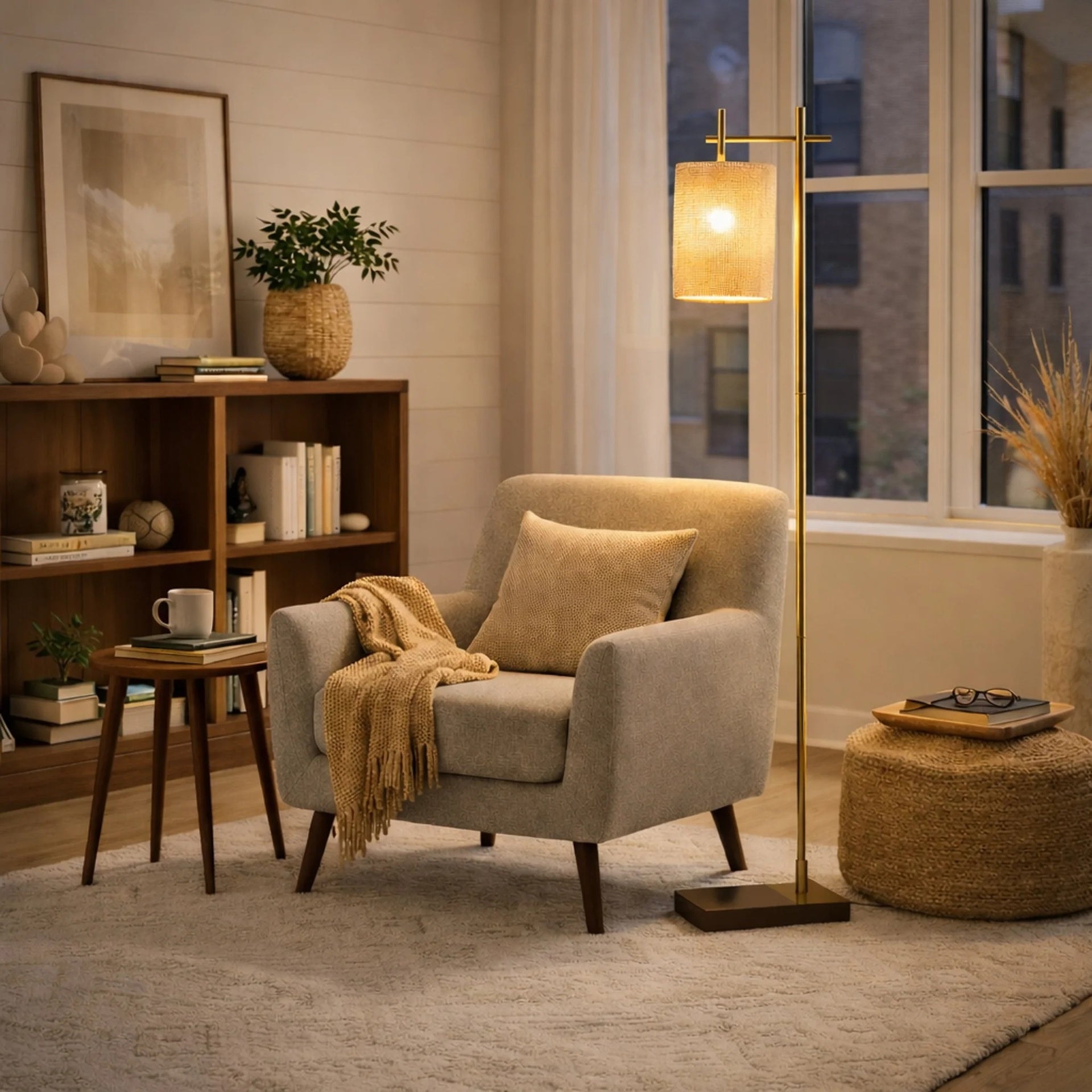 Tall Corner Floor Lamp, Standing Light for Living Room, Bedroom & Office Space Illumination Brizo Bamboo Lampshade Floor Lamp Dark brown and Bronze 110V