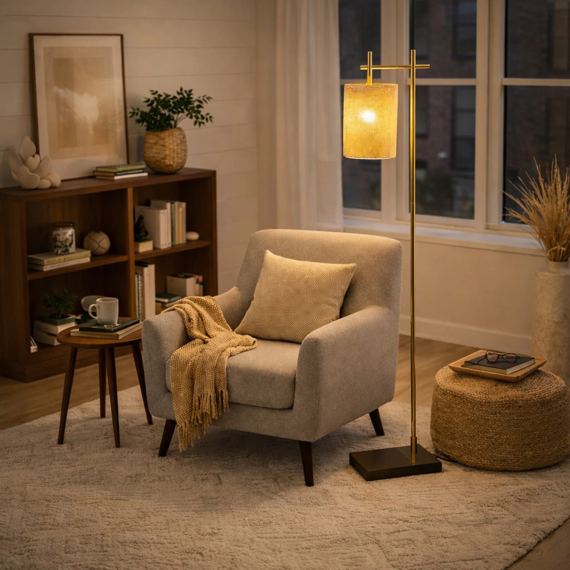 Tall Corner Floor Lamp, Standing Light for Living Room, Bedroom & Office Space Illumination Brizo Bamboo Lampshade Floor Lamp Dark brown and Bronze 110V
