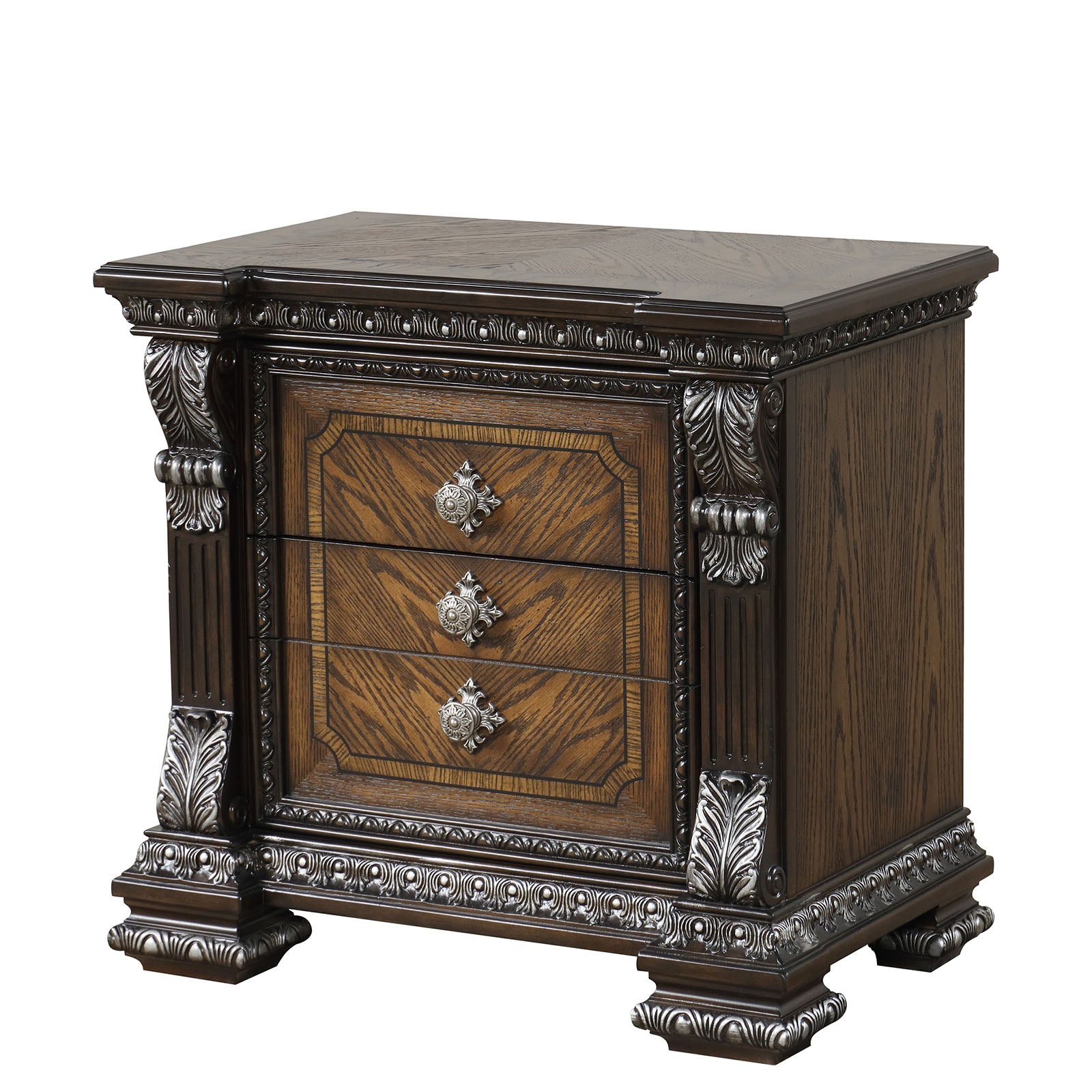 Ornate Molding Silver Brushed Nightstand 1pc USB Port Ball Bearing Glide French And English Dovetail Drawers Espresso Finish Bedroom Furniture
