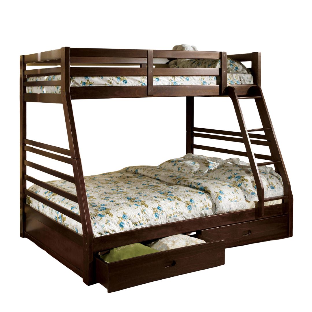 Modern Transitional Bunk Bed Twin Over Full With Attached Ladder And Two Large Drawers For storage Made Of Solid Wood Dark Walnut