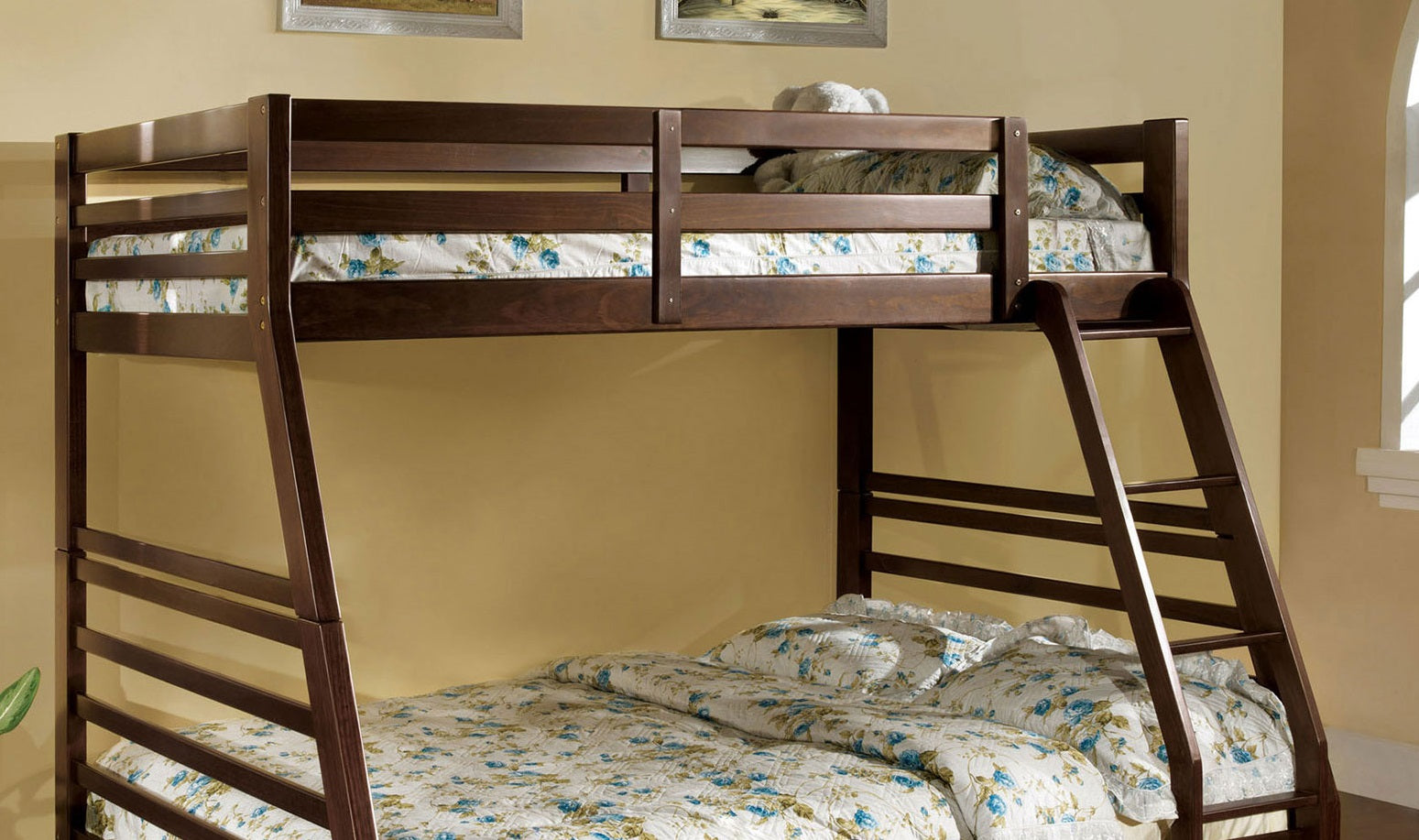 Modern Transitional Bunk Bed Twin Over Full With Attached Ladder And Two Large Drawers For storage Made Of Solid Wood Dark Walnut
