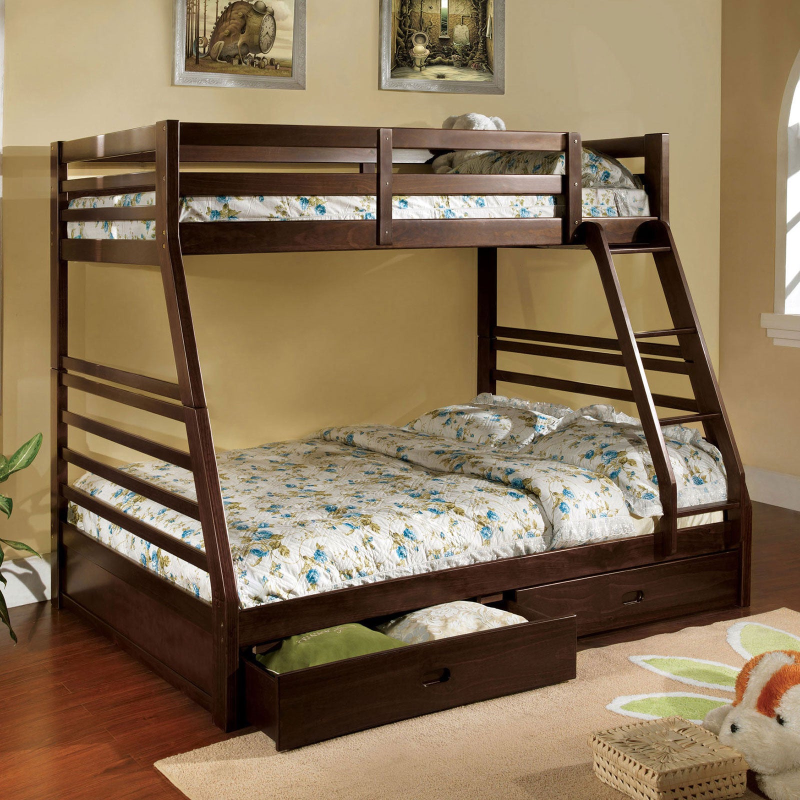 Modern Transitional Bunk Bed Twin Over Full With Attached Ladder And Two Large Drawers For storage Made Of Solid Wood Dark Walnut