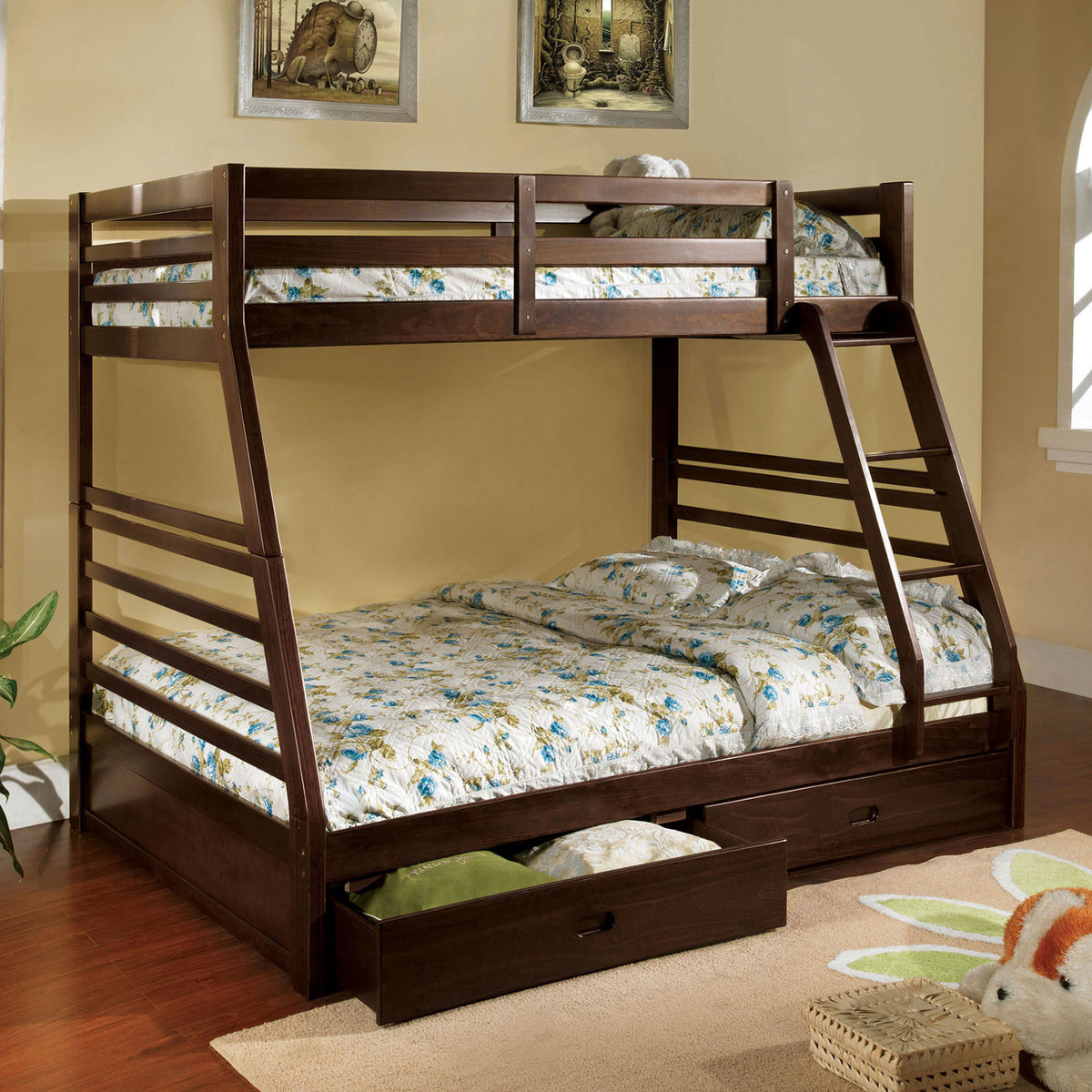 Modern Transitional Bunk Bed Twin Over Full With Attached Ladder And Two Large Drawers For storage Made Of Solid Wood Dark Walnut