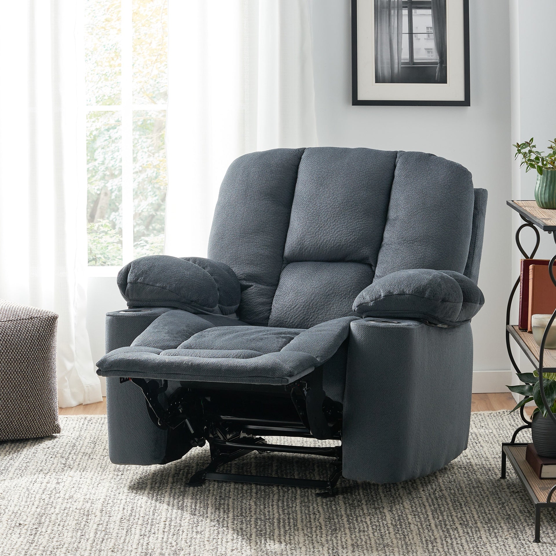 Luxurious Manual Recliner Chair in Silver with Skin-Friendly Fabric and Dual Cup Holders