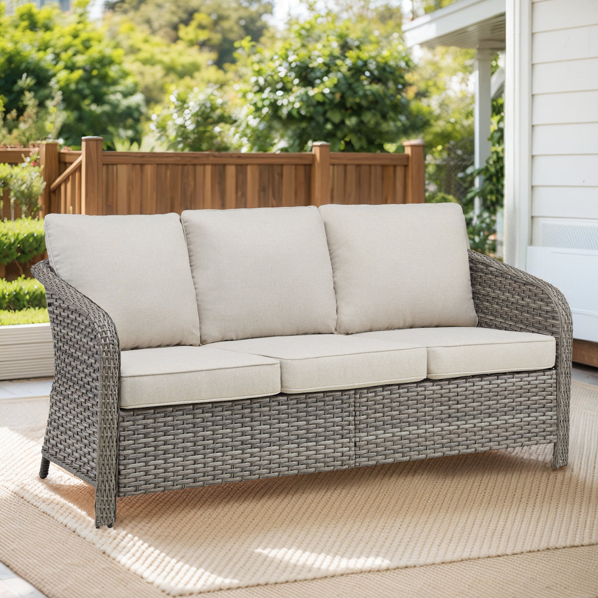 73.6" PE Wicker Rattan Outdoor Furniture Set, 3 Seat Sofa with Beige Deep Seat Cushions