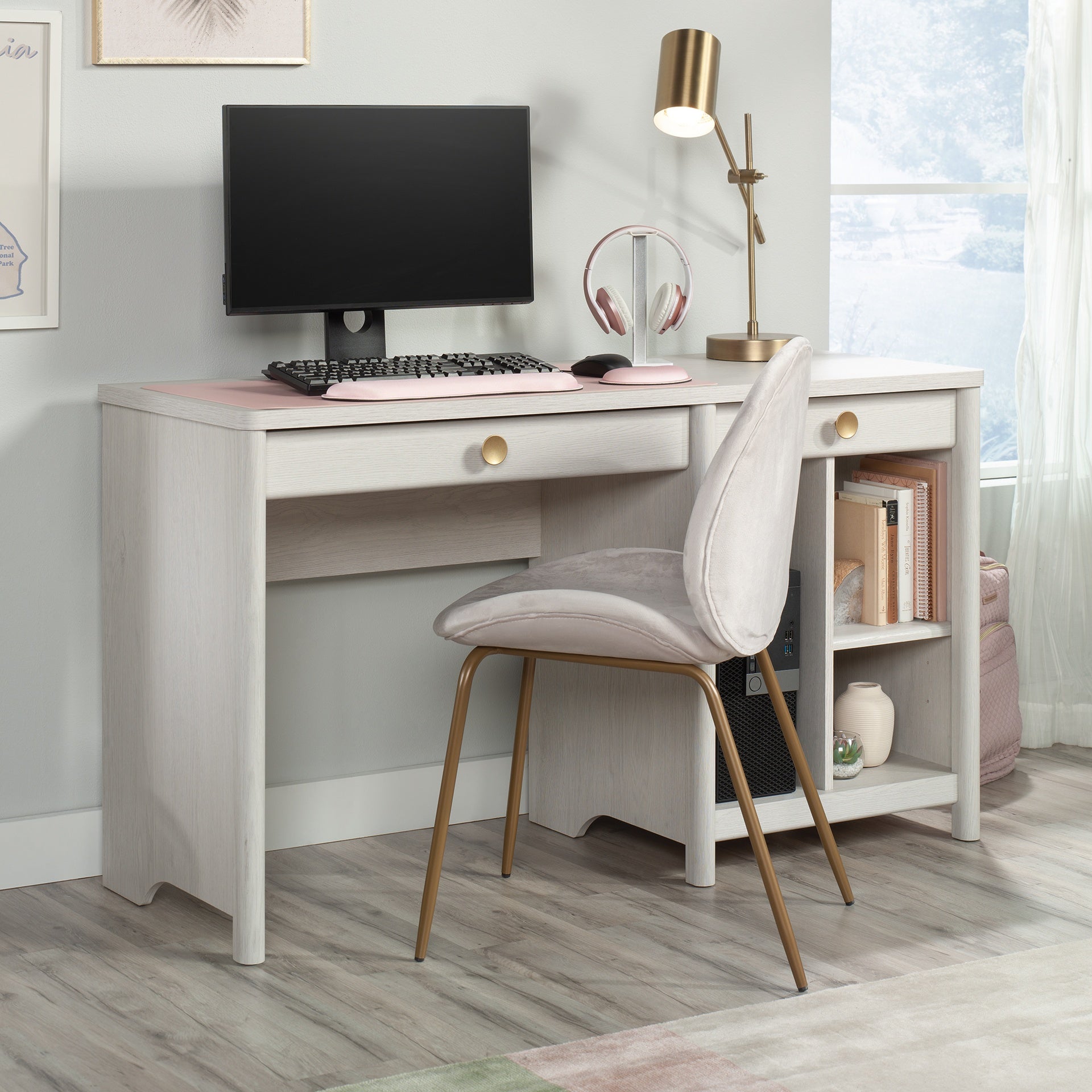 Computer Desk with 2 smooth-glide Drawers, Light Gray finish