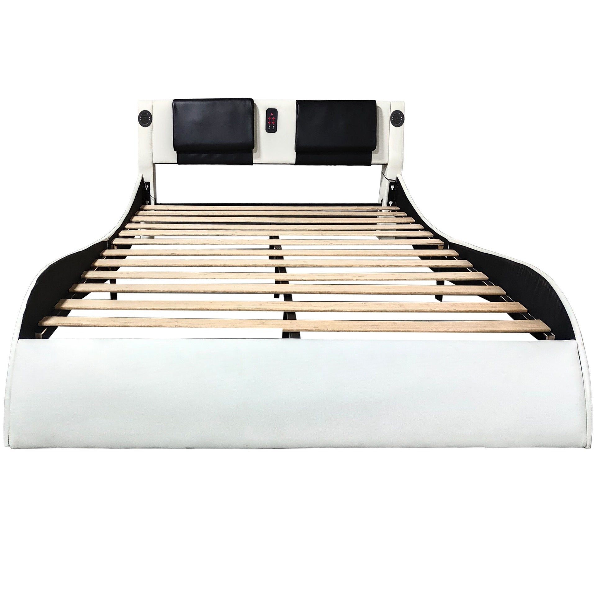 Faux Leather Upholstered Platform Bed Frame with led lighting, Bluetooth connection to play music control, Backrest vibration massage, Curve Design, Wood Slat Support, Exhibited Speakers, King Size