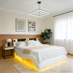 Faux Leather Upholstered Platform Bed Frame with led lighting, Bluetooth connection to play music control, Backrest vibration massage, Curve Design, Wood Slat Support, Exhibited Speakers, King Size