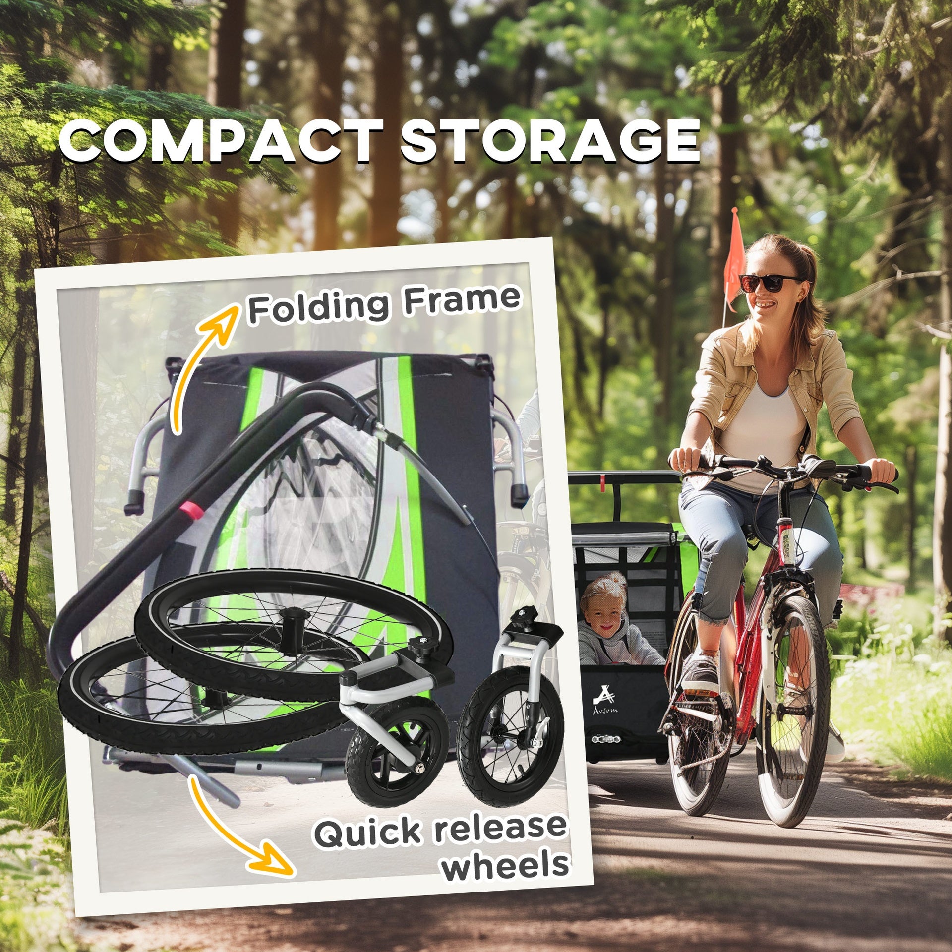 Aosom 3-in-1 Walk/Jog/Ride Child Baby Bike Trailer for Kids 2 Seater, High-Visibility Bike Stroller for Toddler Wagon, Weather-Strong Double Bicycle Trailer Accessory for Kids, Green