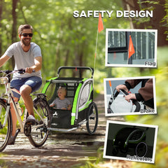 Aosom 3-in-1 Walk/Jog/Ride Child Baby Bike Trailer for Kids 2 Seater, High-Visibility Bike Stroller for Toddler Wagon, Weather-Strong Double Bicycle Trailer Accessory for Kids, Green