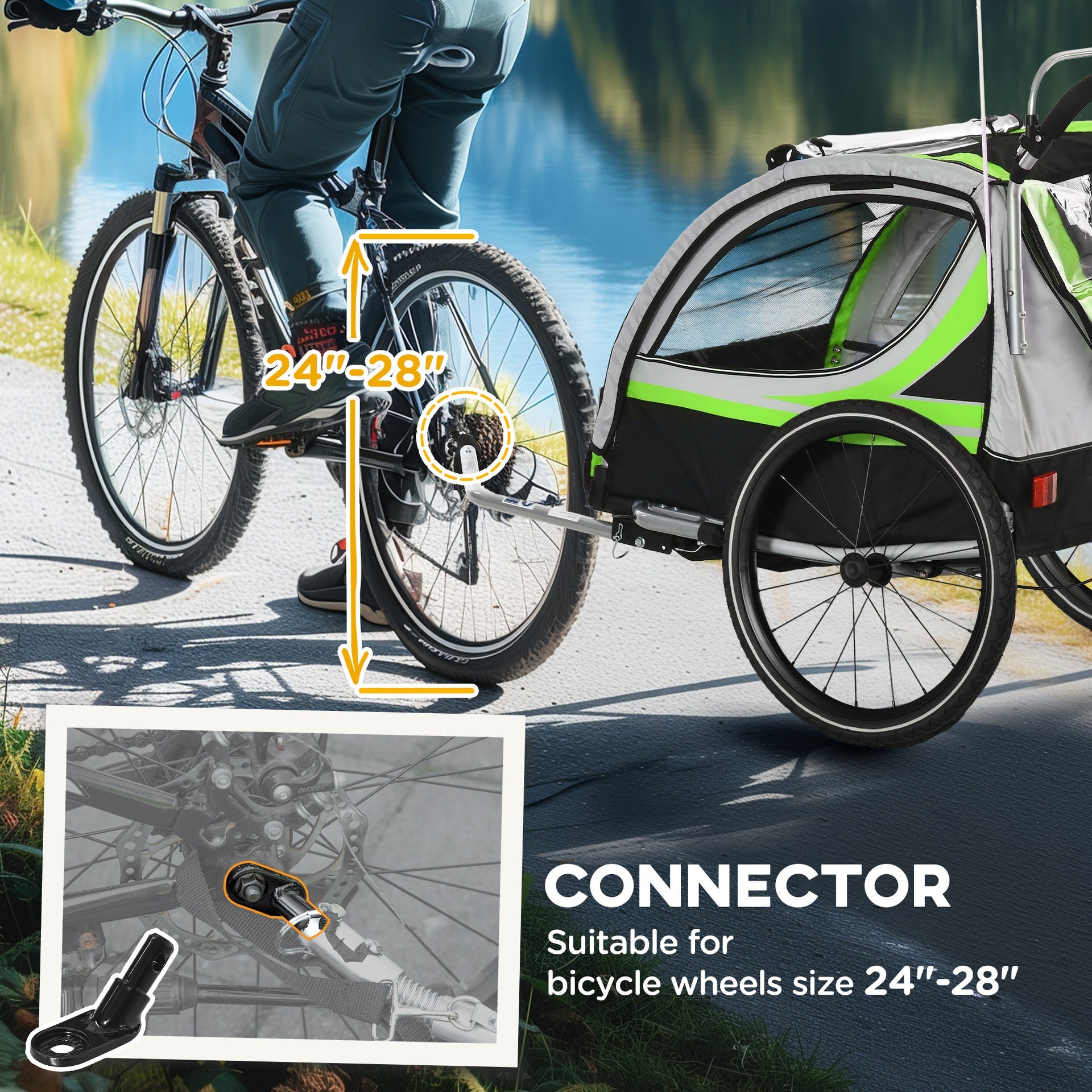 Aosom 3-in-1 Walk/Jog/Ride Child Baby Bike Trailer for Kids 2 Seater, High-Visibility Bike Stroller for Toddler Wagon, Weather-Strong Double Bicycle Trailer Accessory for Kids, Green