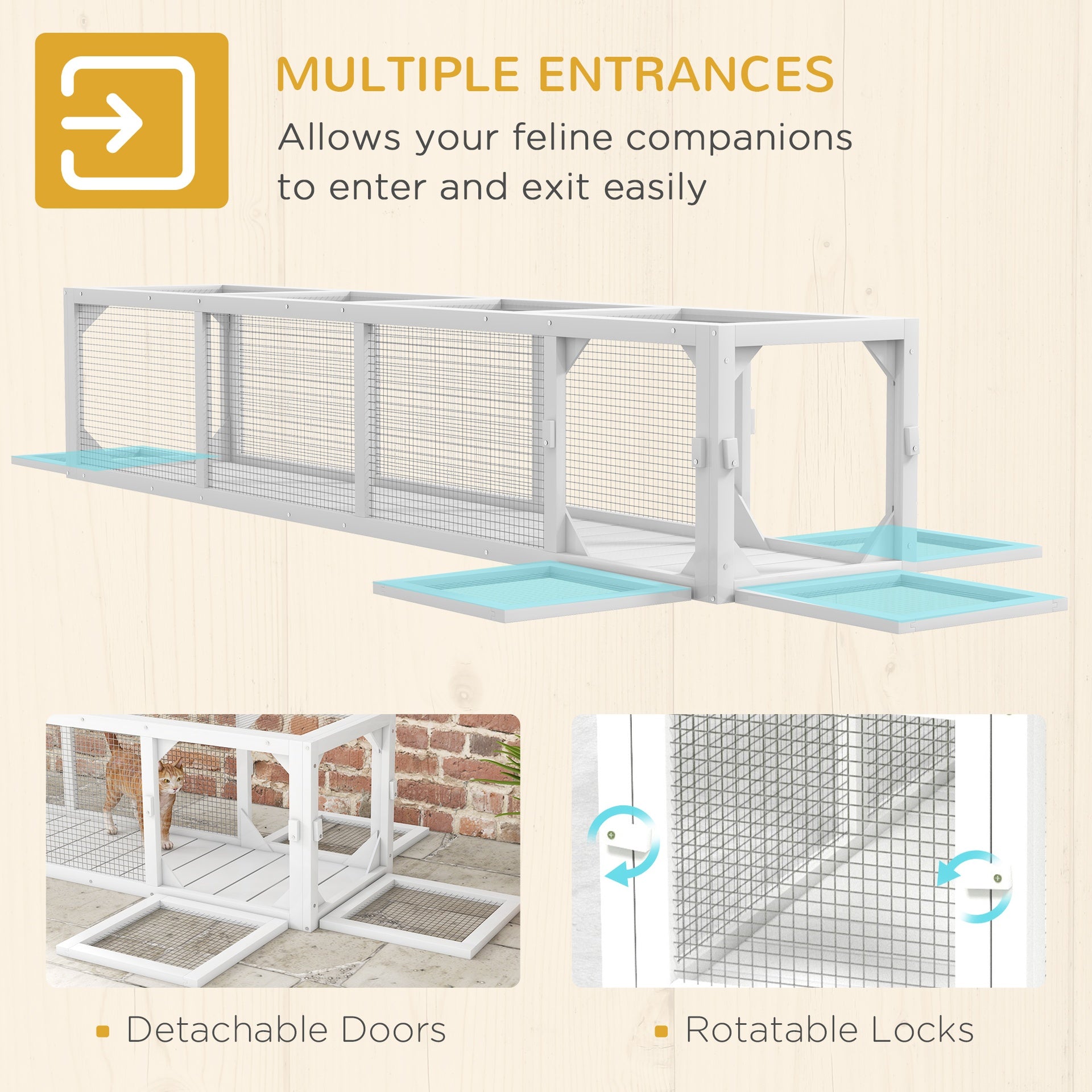PawHut Outdoor Cat Tunnel with Extendable Design, 79" L Wooden Cat Run with Weather Protection, Connecting Inside and Outside, for Deck Patios, Balconies, White