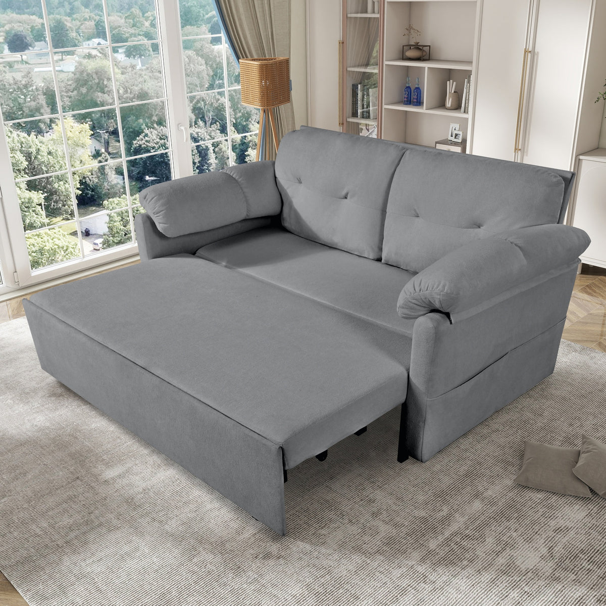 Convertible Pull-Out Queen Sleeper Sofa, 3-in-1 Sofa Bed with Side Storage & 8 Silent Casters, Thick Padded Chenille Loveseat for Living Room, Bedroom, Apartment, Grey
