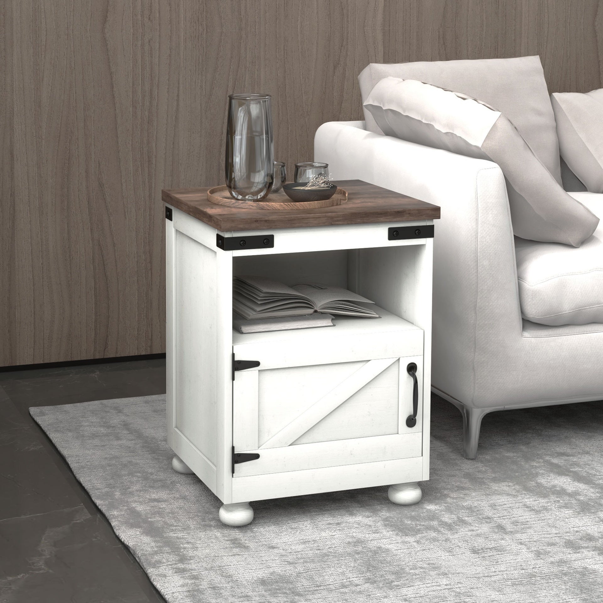 HOMCOM Small Side Table with Storage, Farmhouse End Table with Open Shelf and Cupboard, Modern Sofa Table with Wood Legs for Living Room, White