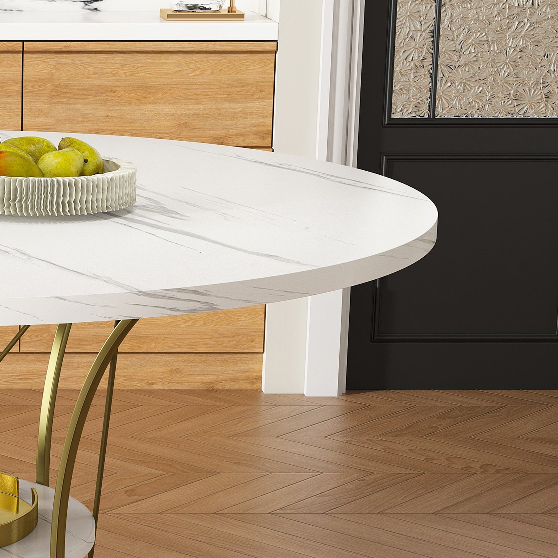 43 inch Round Extendable Dining Table for 4-6, Farmhouse Kitchen Table with Storage Shelf & Gold Metal Base, Marble Veneer Table from 43 to 59 inch, Large Round Table for Home (No Chairs)