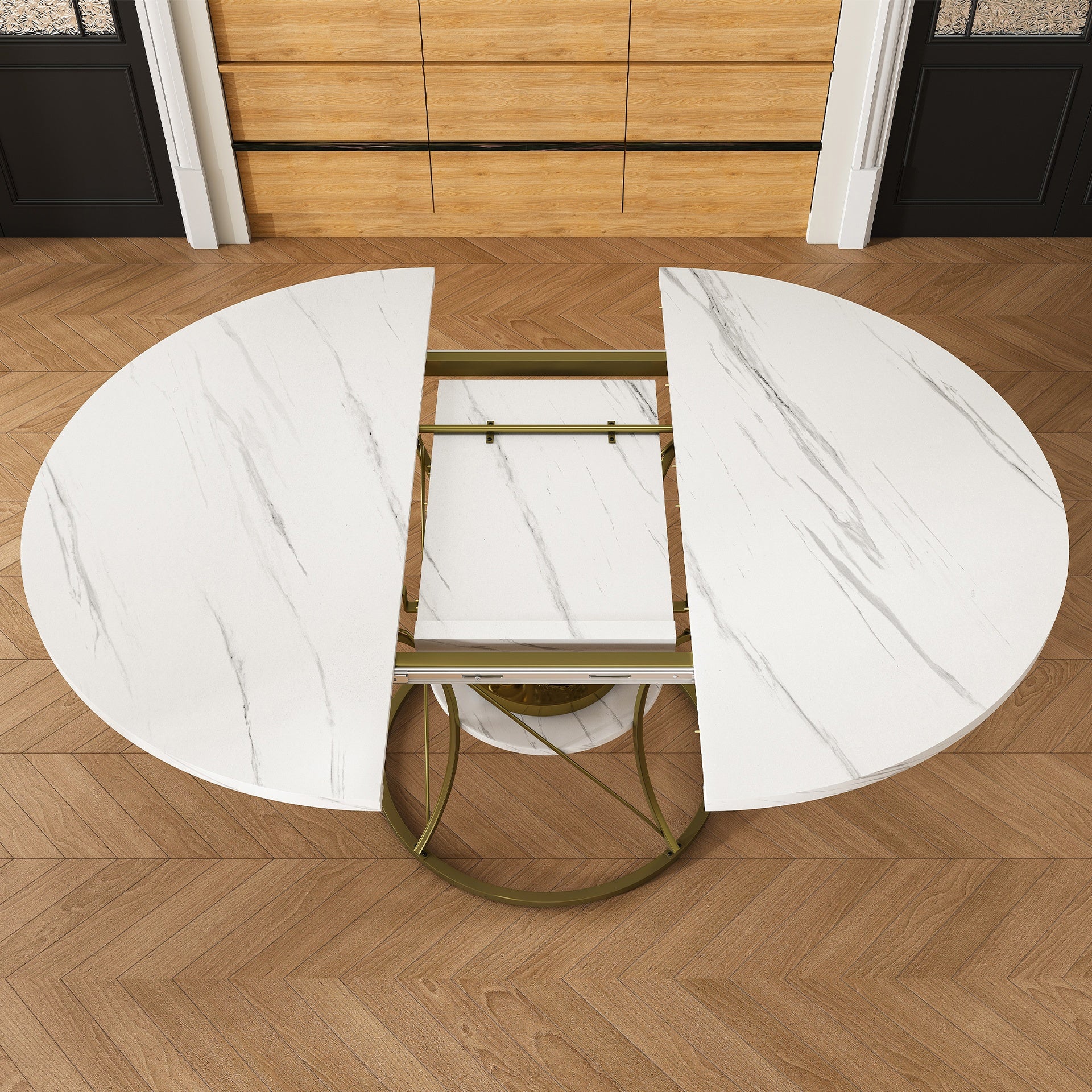43 inch Round Extendable Dining Table for 4-6, Farmhouse Kitchen Table with Storage Shelf & Gold Metal Base, Marble Veneer Table from 43 to 59 inch, Large Round Table for Home (No Chairs)