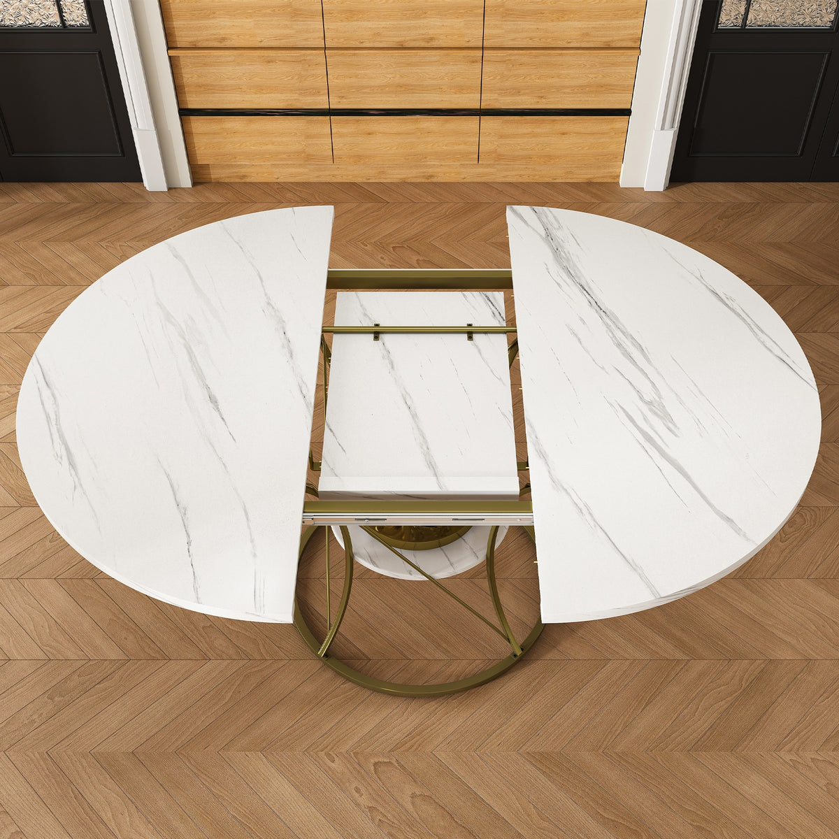 43 inch Round Extendable Dining Table for 4-6, Farmhouse Kitchen Table with Storage Shelf & Gold Metal Base, Marble Veneer Table from 43 to 59 inch, Large Round Table for Home (No Chairs)