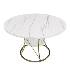 43 inch Round Extendable Dining Table for 4-6, Farmhouse Kitchen Table with Storage Shelf & Gold Metal Base, Marble Veneer Table from 43 to 59 inch, Large Round Table for Home (No Chairs)