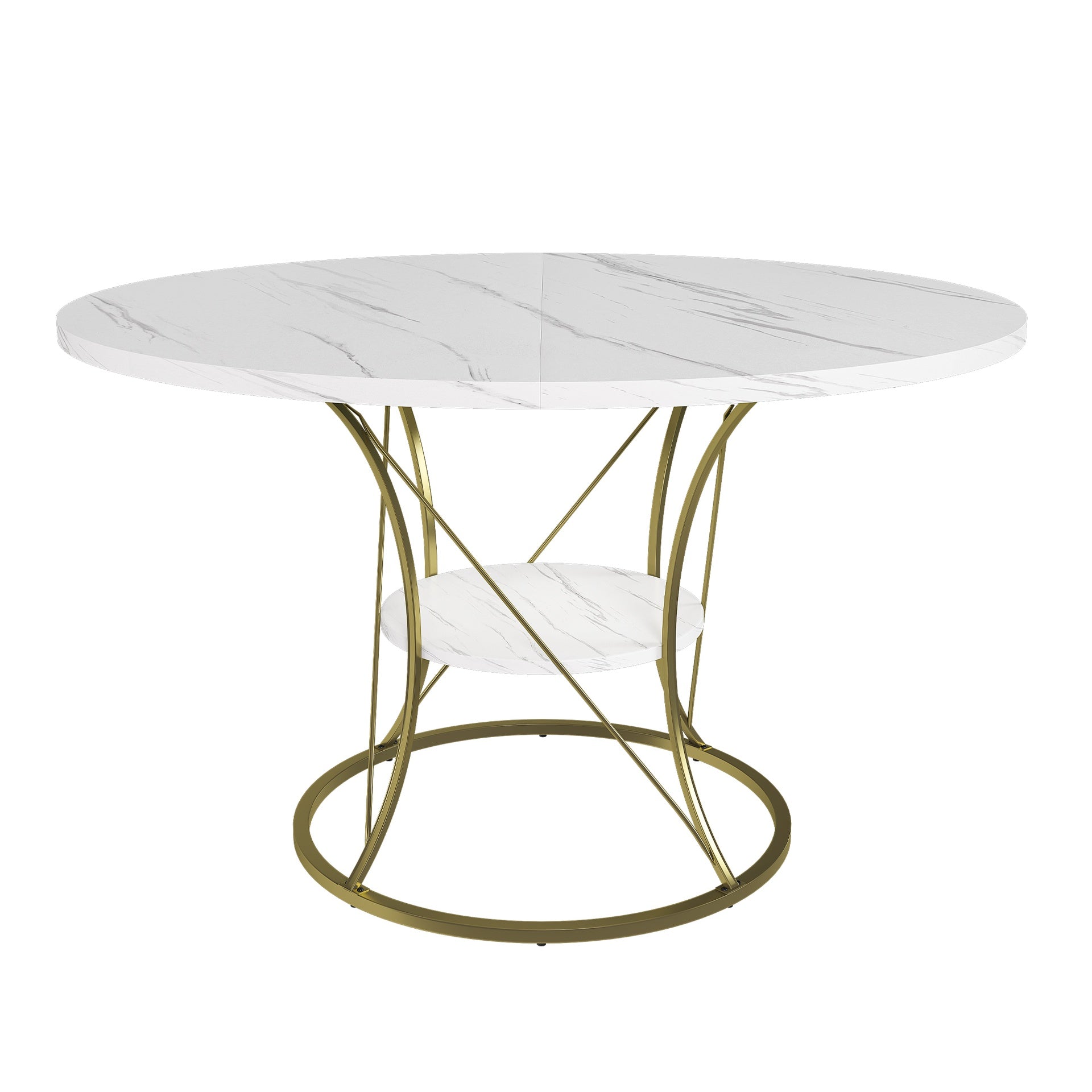 43 inch Round Extendable Dining Table for 4-6, Farmhouse Kitchen Table with Storage Shelf & Gold Metal Base, Marble Veneer Table from 43 to 59 inch, Large Round Table for Home (No Chairs)