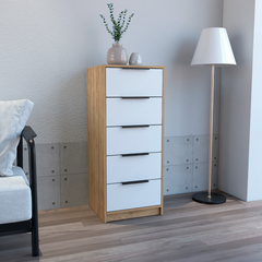 Dresser 42 inchH, 5 Drawer, Vertical Dresser, White / Light Oak
